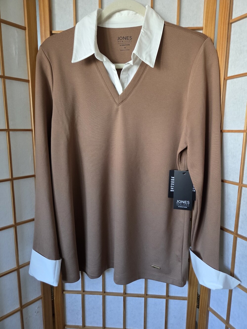 NWT WOMENS JONES NEW YORK TAN VISCOSE MIX COLLARE PULLOVER SWEATER/BLOUSE LARGE